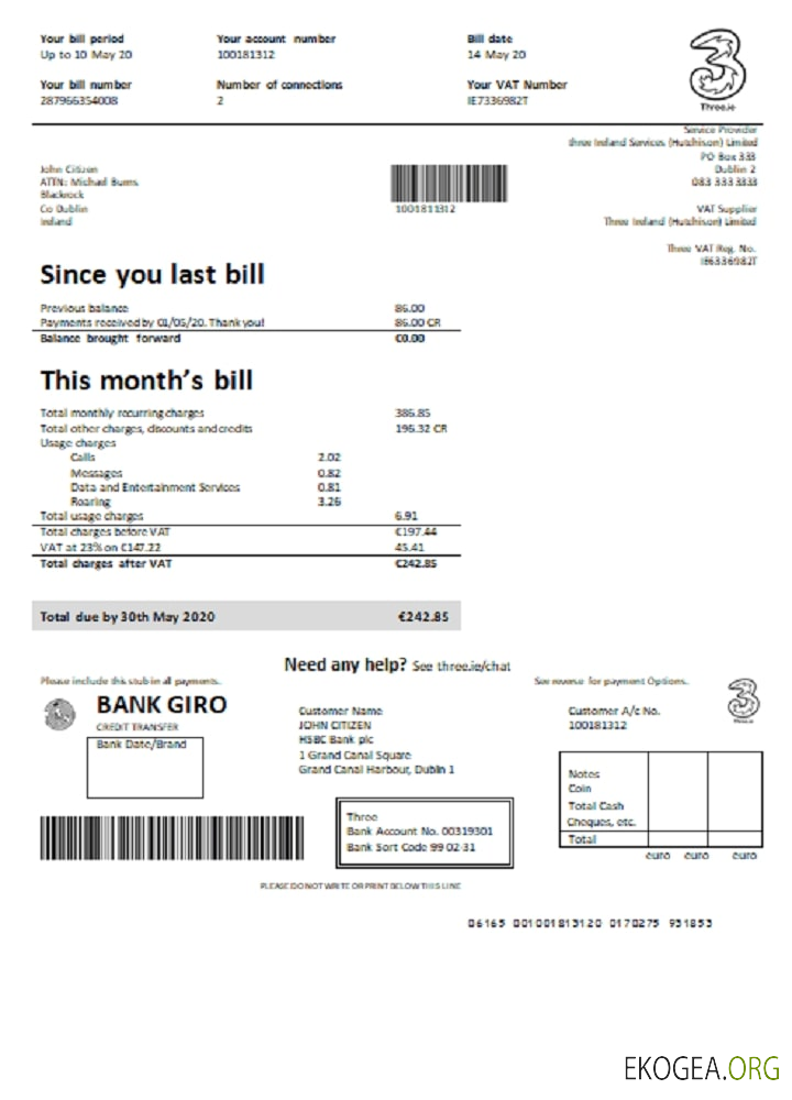 Ireland Three.ie utility bill